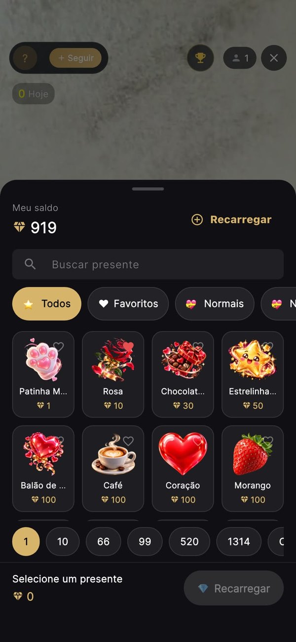 Painel de presentes do Meow Live