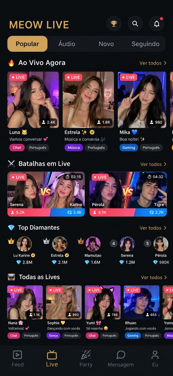 Tela inicial do app Meow Live com lives ao vivo, batalhas e ranking de diamantes